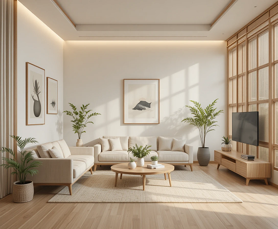 decoración minimalista en un salón japandi con pocos elementos