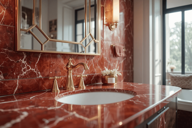 Detalle de mármol rojo en baño estilo Art Déco moderno con grifería dorada
