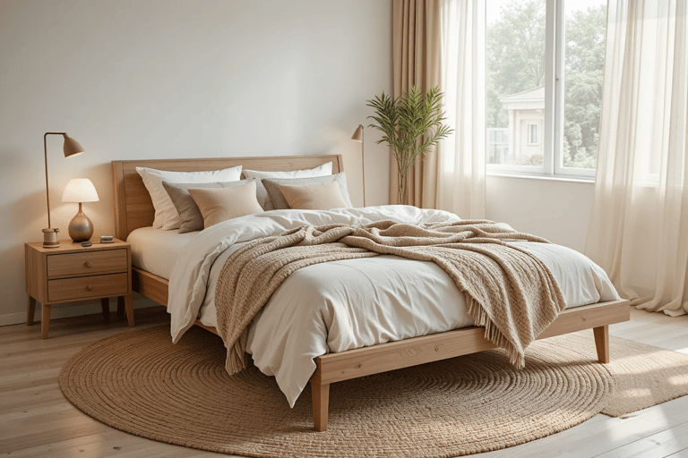 Dormitorio moderno y acogedor con alfombra de yute natural bajo la cama y decoración en tonos neutro