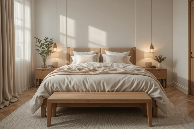 Dormitorio moderno y acogedor con banco de madera a los pies de la cama y textiles en tonos neutros.