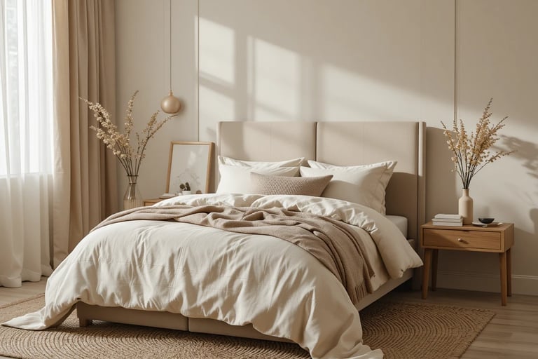 Dormitorio moderno en tonos beige con cabecero tapizado, ropa de cama de lino y decoración en madera