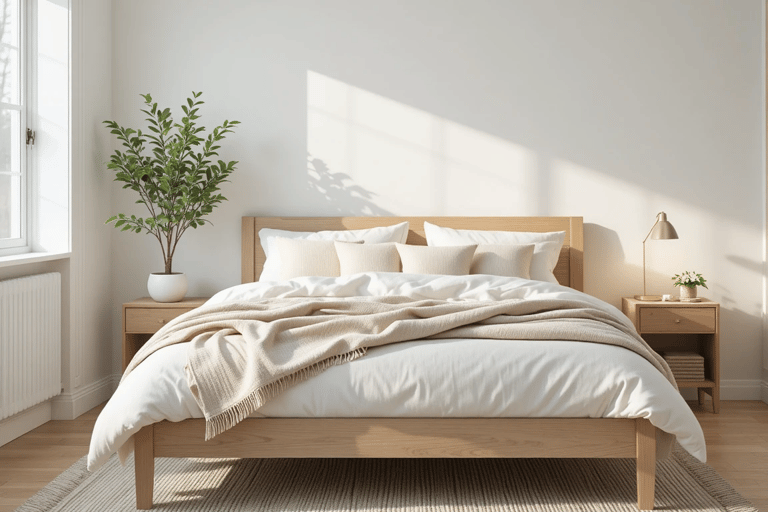 Dormitorio escandinavo con paredes en blanco roto, cama de madera clara y textiles neutros en tonos