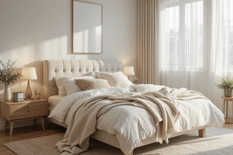 Dormitorio moderno y acogedor con cabecero tapizado en lino beige, ropa de cama neutra y luz cálida.