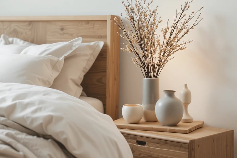 Dormitorio moderno y acogedor con detalles de cerámica artesanal sobre mesilla de madera y textiles