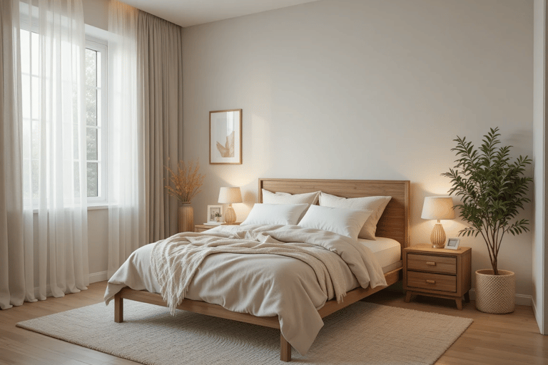 Dormitorio moderno y acogedor con cortinas ligeras blancas que dejan pasar luz natural y decoración