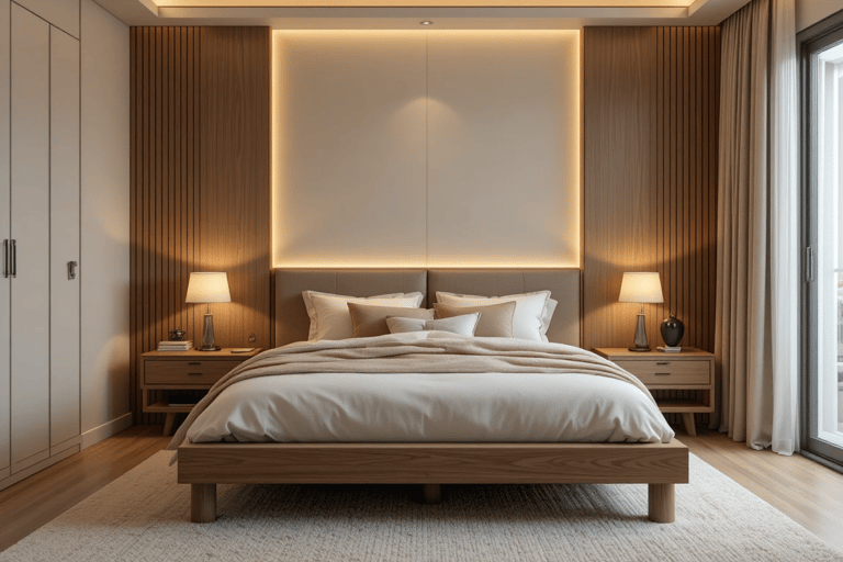 Dormitorio moderno y acogedor con iluminación cálida en capas, lámparas de mesilla y luz indirecta s