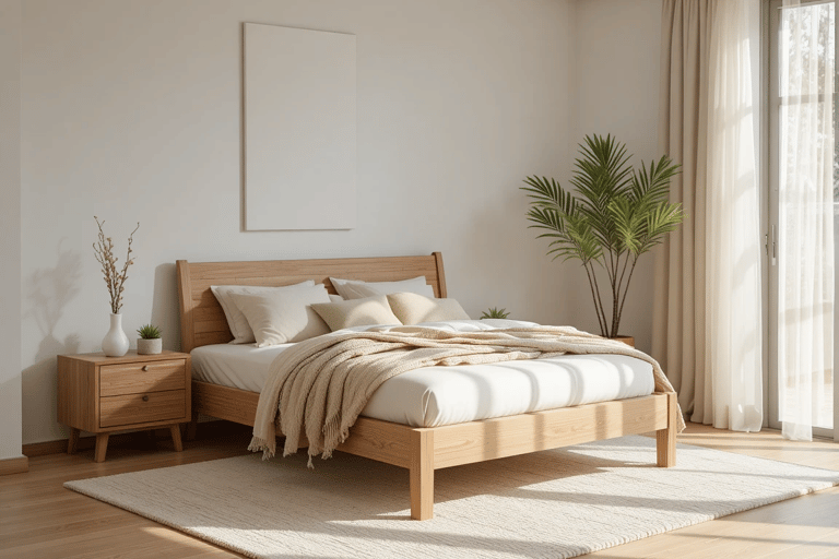 Dormitorio moderno y acogedor con cama y mesillas de madera natural, textiles neutros y luz natural