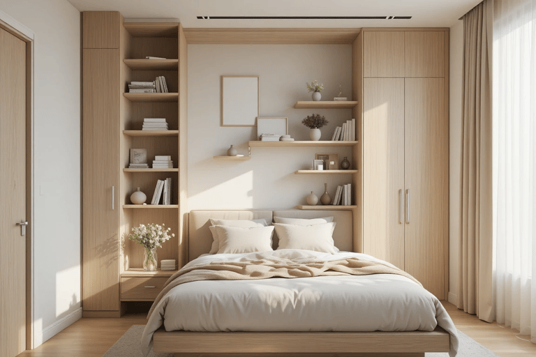 Dormitorio pequeño con estanterías flotantes y armario hasta el techo que aprovecha el espacio verti