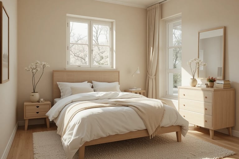 Dormitorio pequeño decorado con paleta de colores neutros y tonos claros que amplían visualmente el