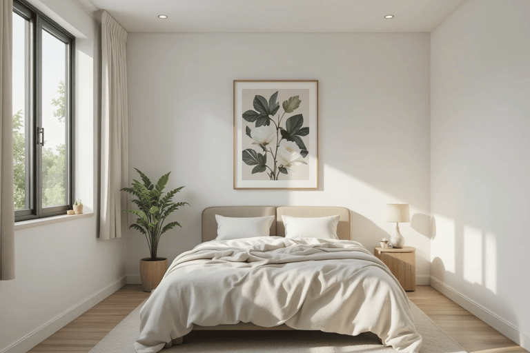 Dormitorio pequeño con decoración minimalista y superficies despejadas que aportan mayor sensación d