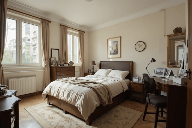 Dormitorio pequeño con muebles voluminosos y distribución poco funcional que reduce la sensación de