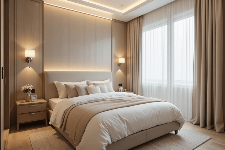 Dormitorio pequeño con iluminación indirecta y apliques de pared que aportan mayor sensación de ampl