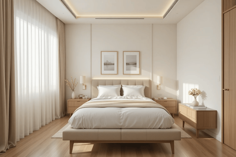 Dormitorio pequeño luminoso con muebles ligeros, iluminación en capas y espacio libre alrededor de l