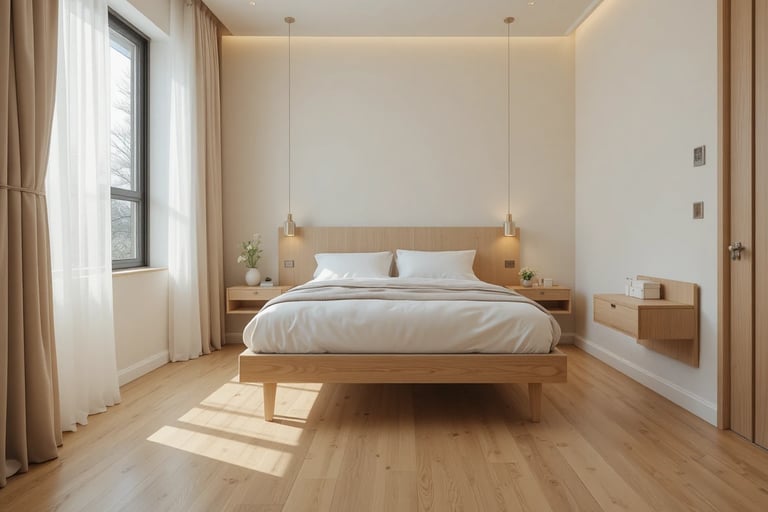 Dormitorio pequeño con mesillas flotantes y cama con patas visibles que deja el suelo despejado y au