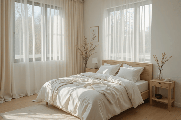 Dormitorio pequeño con cortinas translúcidas y ropa de cama clara que permiten mayor entrada de luz