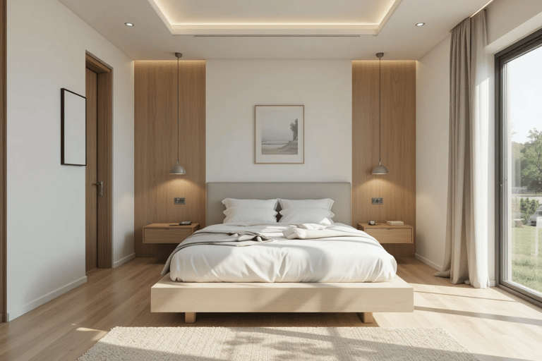 Dormitorio pequeño con distribución funcional y espacio libre alrededor de la cama que mejora la per