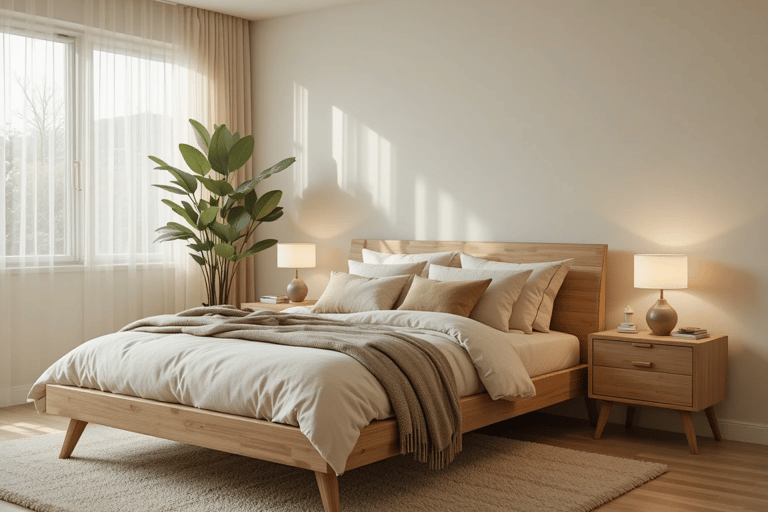 Dormitorio moderno y acogedor con planta grande en la esquina, cama de madera natural y textiles neu