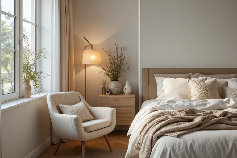 Dormitorio moderno con rincón de lectura, butaca en tonos neutros y lámpara de pie con luz cálida.