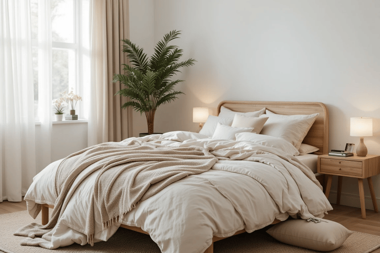 Dormitorio moderno y acogedor con ropa de cama blanca, mantas beige y decoración en tonos neutros.