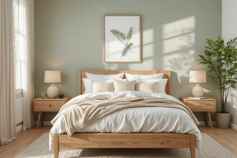 Dormitorio moderno y acogedor con pared en verde salvia, cama de madera natural y textiles blancos y