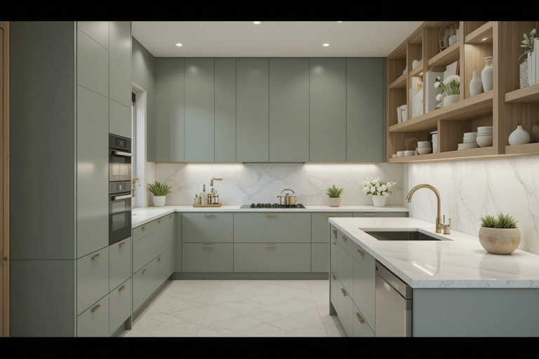 materiales ideales para una cocina moderna en verde salvia con mármol y madera