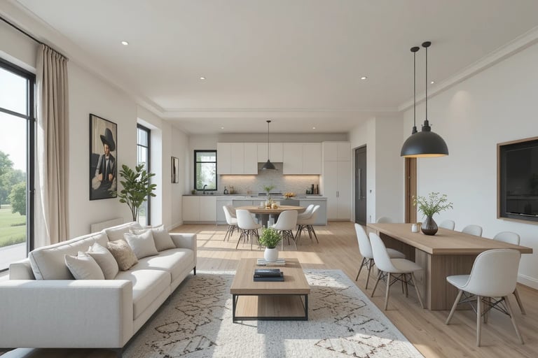 salón con cocina al fondo (espacio abierto completo)