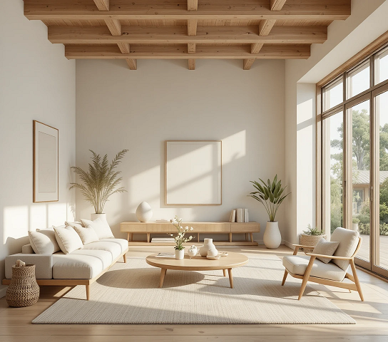 salón japandi con decoración acogedora