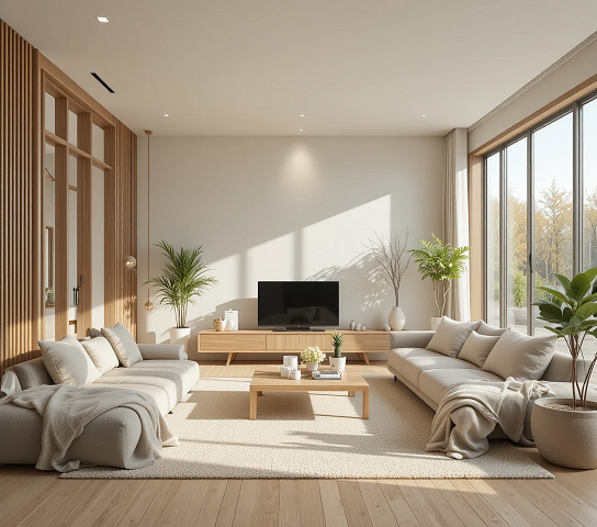 salón japandi con estilo minimalista y decoración acogedora