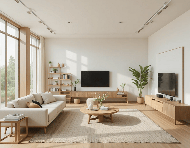 salón japandi perfectamente decorado con diseño equilibrado y natural