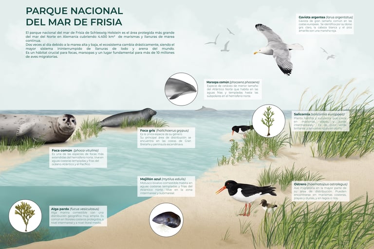 Panel informativo ilustrado del Parque Nacional del Mar de Frisia en Alemania