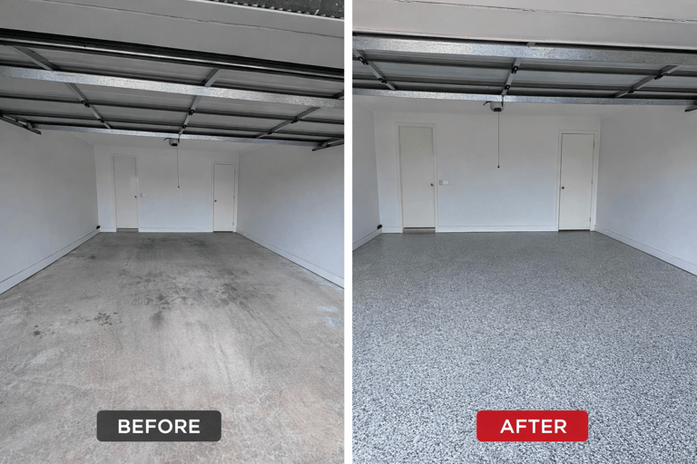 Garage epoxy flooring before and after transformation in Melbourne
