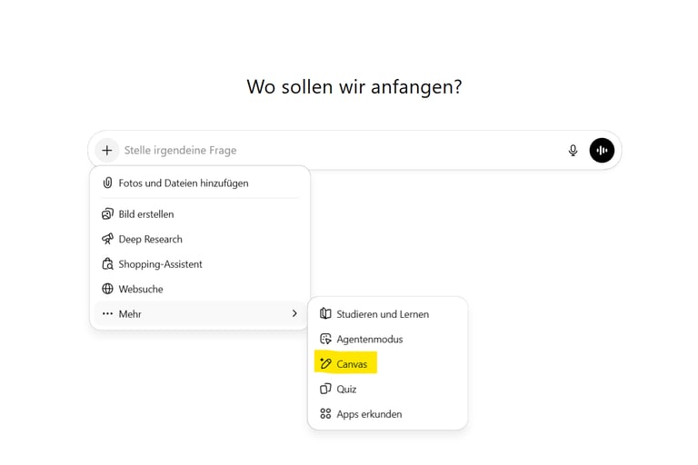 ChatGPT-Übersicht 2026: Eingabefeld mit Canvas-Option im Menü und Seitenleiste für KI-Projekte