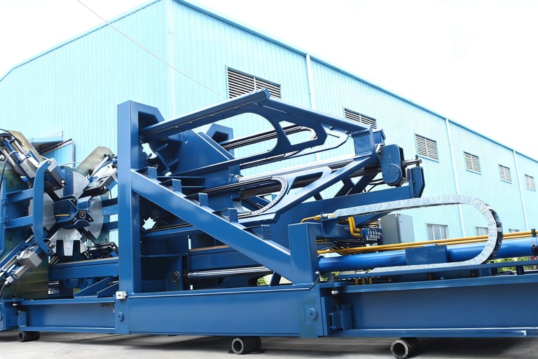 Wire rod bundling machine shown from the side in a steel plant application