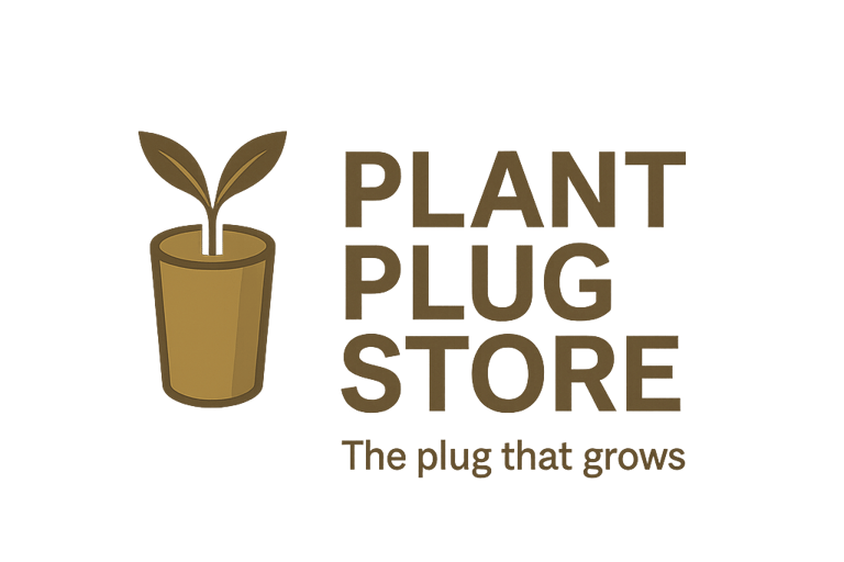 Plant Plug Store logo featuring a gold seedling icon and the slogan The plug that grows.