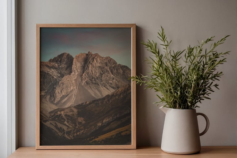 Framed mountain landscape wall art next to a green plant in a white ceramic vase.