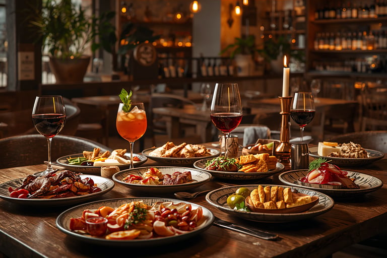 Gourmet appetizers and wine glasses served on a rustic wooden table in a dimly lit restaurant.