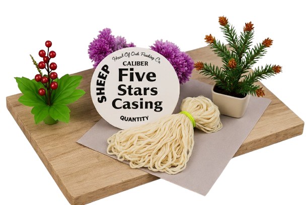 Natural sheep sausage casings on a wooden board with decorative plants and Five Stars brand label.