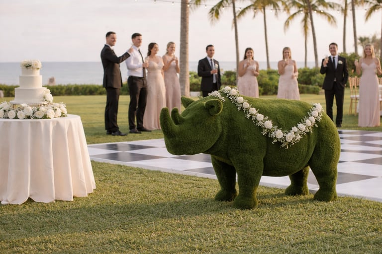 Artificial turf rhino sculpture at a wedding in boca raton