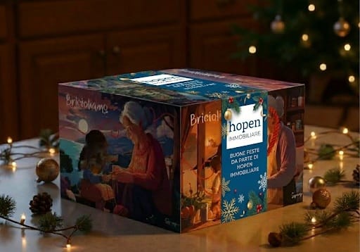 Festive Hopen Immobiliare holiday gift box on a table with Christmas decorations and lights.