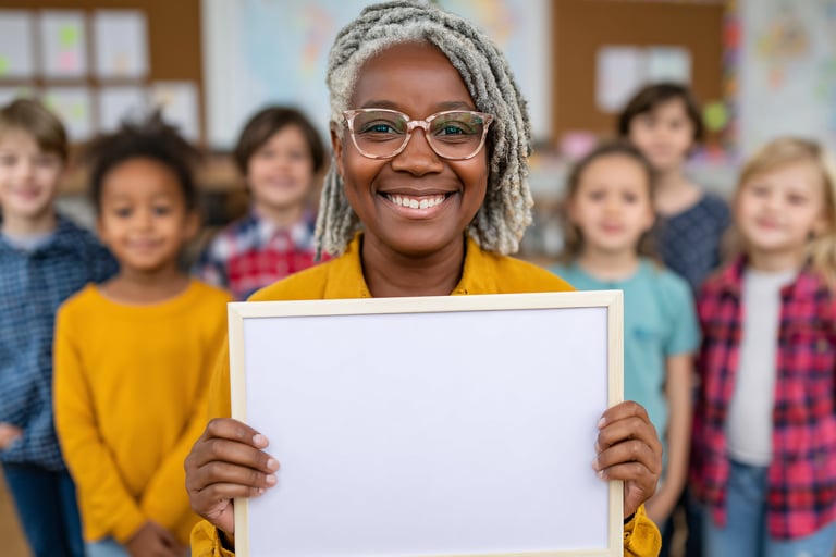 Image of a smiling brown teacher holding a white board with blurry students behind her.