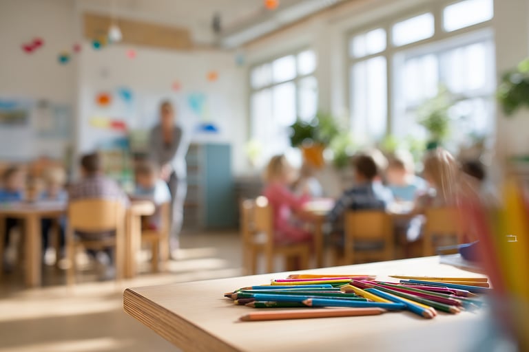 blurry classroom in the back with students and teacher. Pencils clearly in the foreground on a table