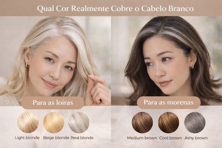 Guia de cores para cobrir cabelos brancos em loiras e morenas com tons de loiro perolado, loiro bege e castanho médio frio.