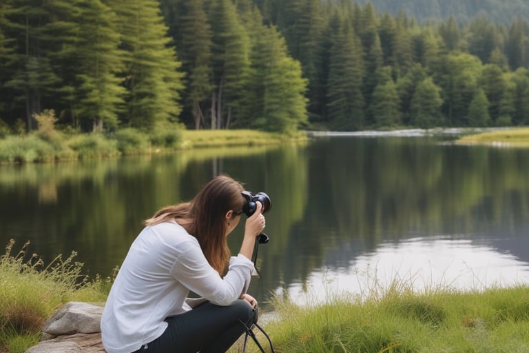 a woman taking a picture of a mountain range