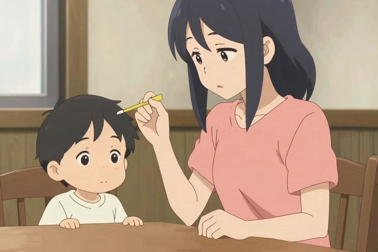 Anime mother sitting at a wooden table feeding her young son with a small yellow spoon.