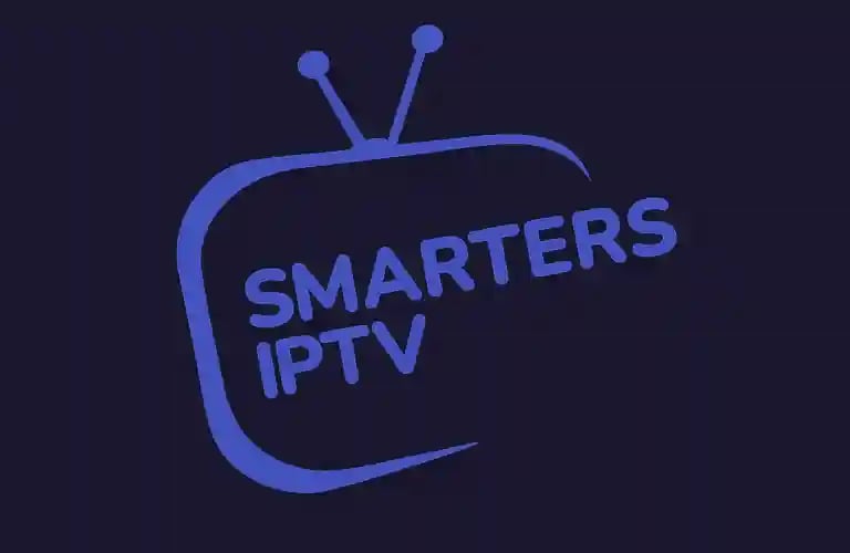 Smarters IPTV logo featuring blue text inside a stylized television icon on a dark background.
