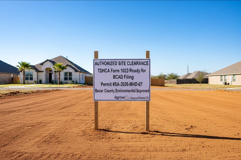 Completed, graded lot with a caption: "Site Cleared & TDHCA Form 1023 Ready for BCAD Filing