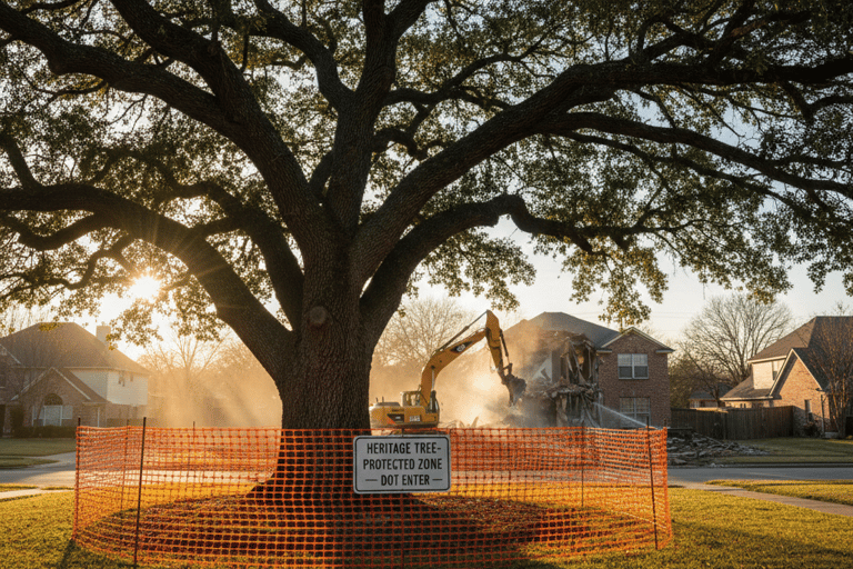 2026 Austin residential demolition site with mandatory tree protection erosion control silt fence