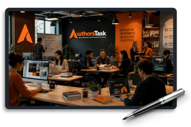 AuthorsTask professional book publishing team working in a modern office environment.