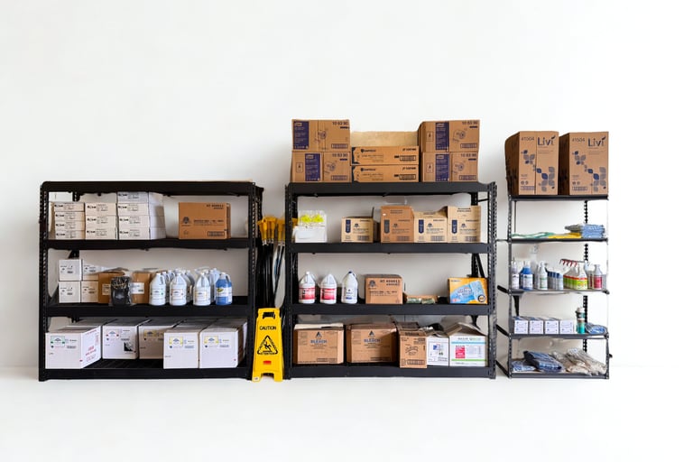 Commercial janitorial supplies stocked on warehouse shelves