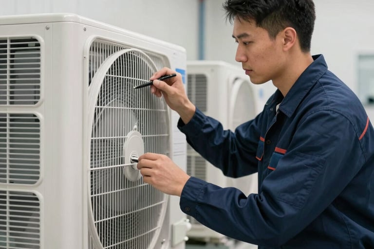 A professional North American male technician in a clean navy blue uniform inspecting a complex, modern HVAC heating and cooling system in a bright, well-lit utility room, showcasing trust and technical expertise.